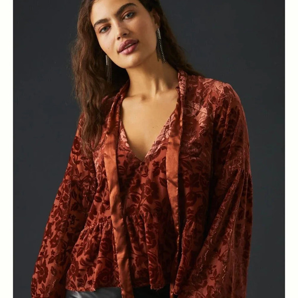 By Anthropologie Velvet Tie-Neck Blouse Size Medium - Picture 1 of 11